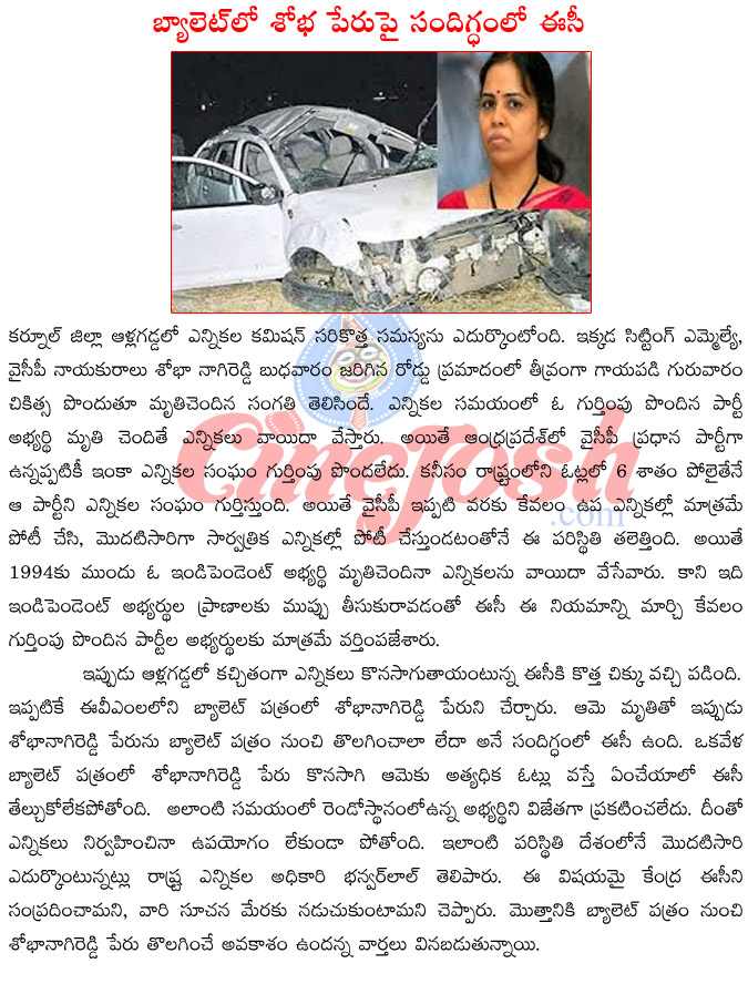 shobha nagi reddy,ysr congress leader shobha nagi reddy,alla gadd amla shobha nagi reddy accident,election commission,ec on alla gadda  shobha nagi reddy, ysr congress leader shobha nagi reddy, alla gadd amla shobha nagi reddy accident, election commission, ec on alla gadda